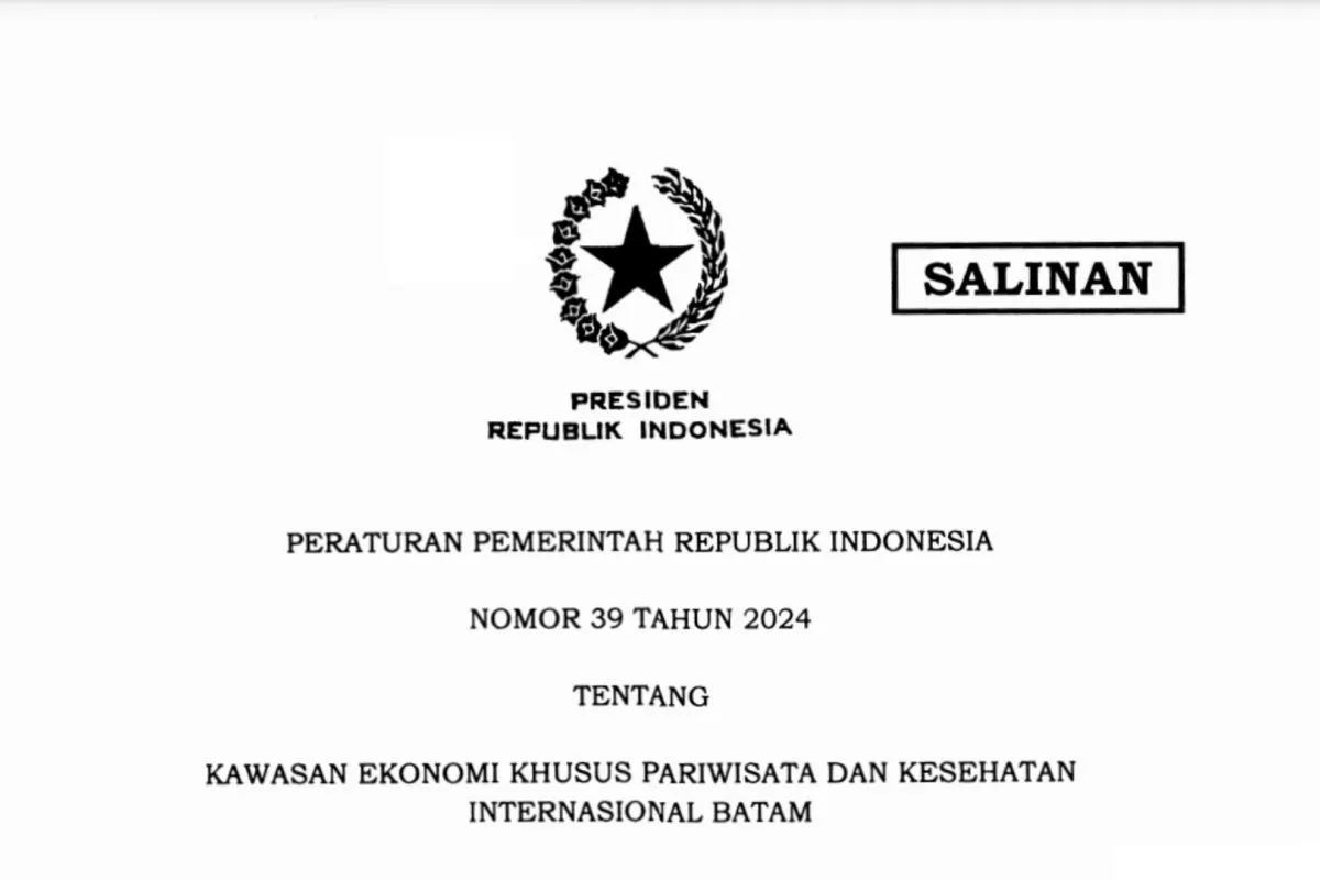 Tangkapan layar Peraturan Pemerintah (PP) Nomor 39 Tahun 2024 tentang penetapan Batam, Provinsi Kepulauan Riau, sebagai Kawasan Ekonomi Khusus (KEK) Pariwisata dan Kesehatan Internasional ditandatangani oleh Presiden Joko Widodo pada 7 Oktober 2024.