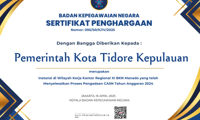 Pemkot Tidore Terima Penghargaan dari BKN.