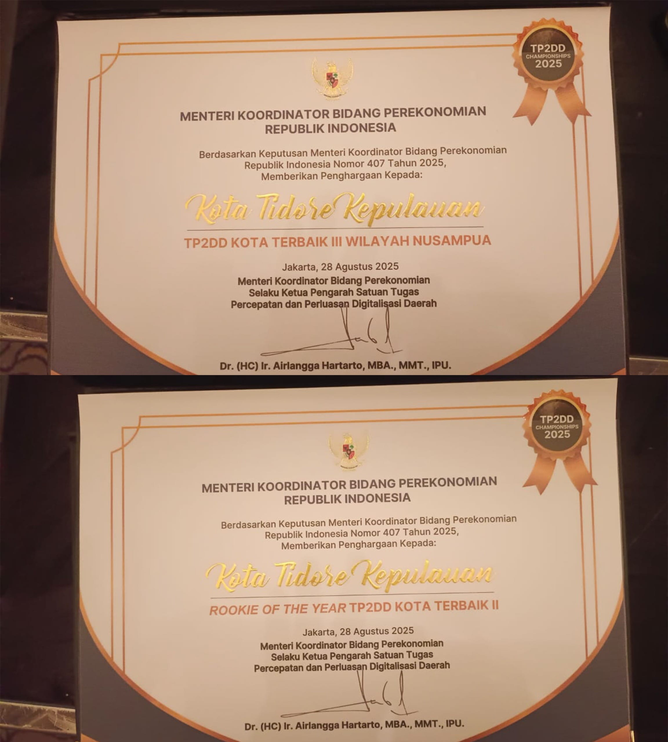 Pemkot Tidore Raih Dua Penghargaan Terbaik TP2DD Kawasan Nusampua.