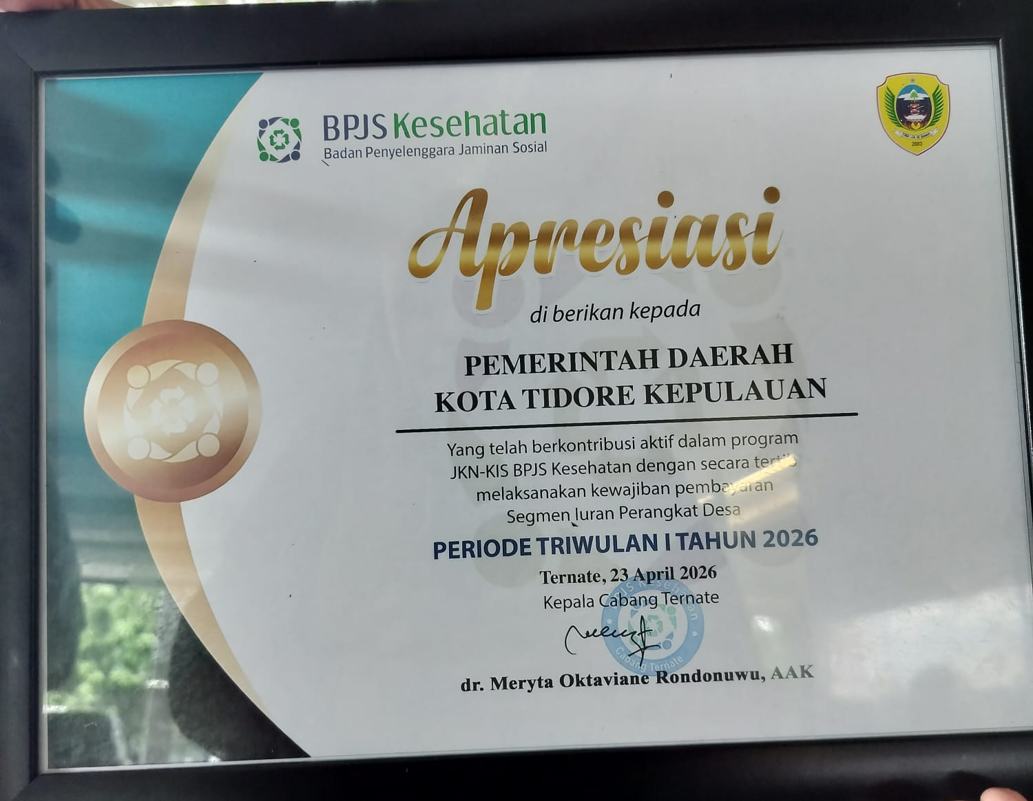 Tertib Bayar Iuran JKN-KIS, Pemkot Tidore Terima Penghargaan dari BPJS Kesehatan.